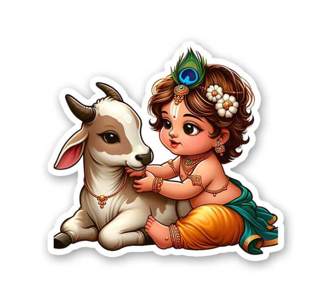 Adorable Baby Krishna & Cow Sticker 🐮✨
