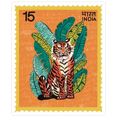 India Tiger Stamp Sticker – Vintage Wildlife Design
