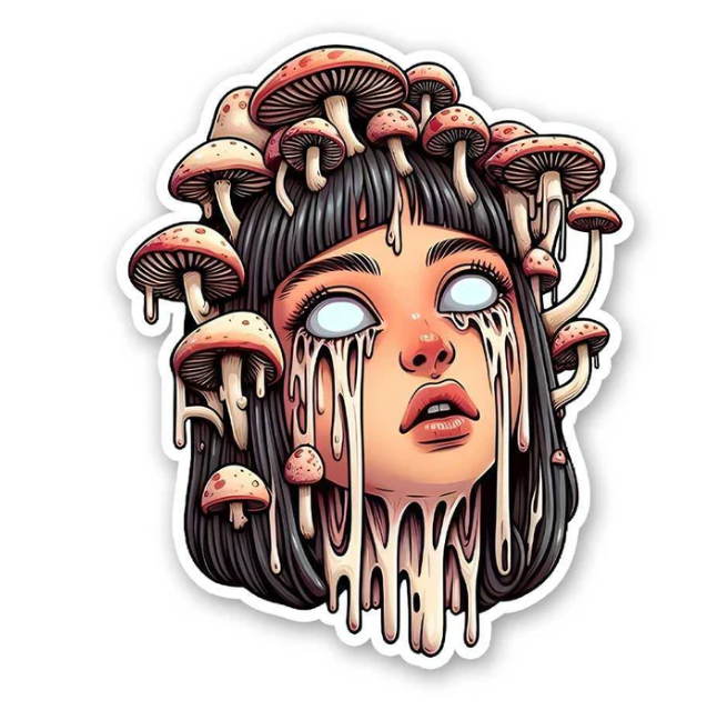 Psychedelic Mushroom Girl Sticker – Surreal Beauty Meets Mind-Bending Art