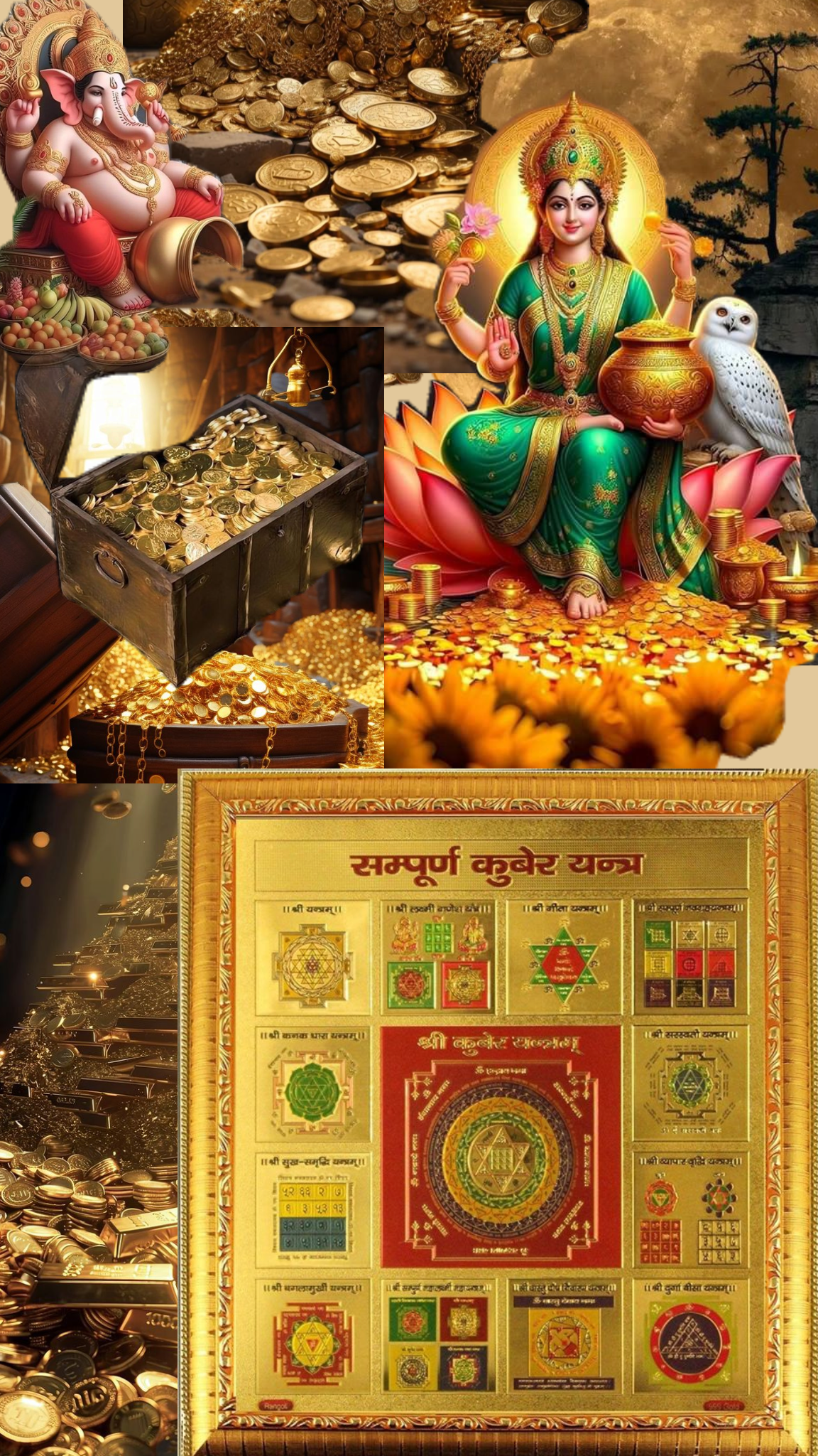 Lakshmi, Ganesha, and Kuber Yantra Collage A4 Size Wallpaper